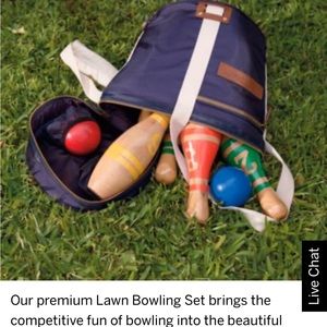Frontgate lawn bowling set. Heavy duty wood pins. NWOT aka skittles 9 pin